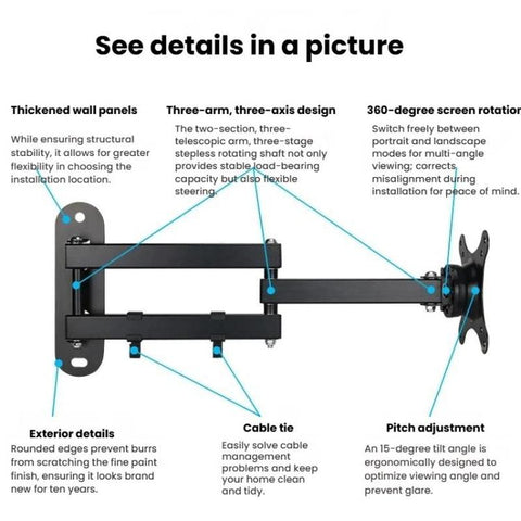 Telescopic Rotating Monitor Mount Wall Bracket for 10-24 Inch TV LCD Screens, 116B
