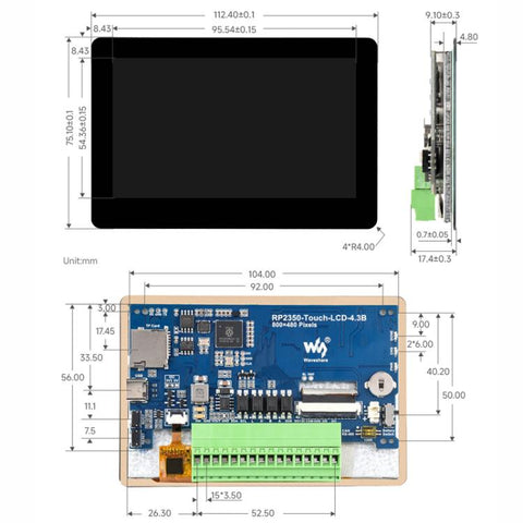 WAVESHARE RP2350 4.3inch Capacitive Touch Display Development Board, Without Case, With Plastic Case