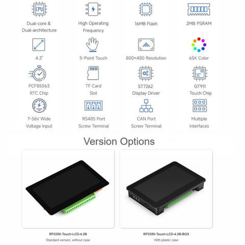 WAVESHARE RP2350 4.3inch Capacitive Touch Display Development Board, Without Case, With Plastic Case
