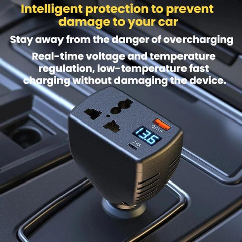 150W Smart Digital Display Car Inverter Cigarette Lighter USB + Type-C Dual-Port Charger