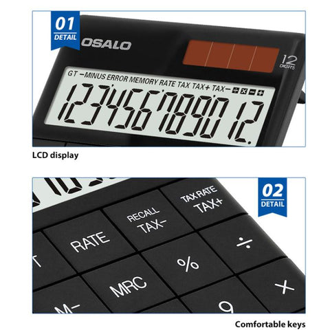 OSALO  A-1T  Tax Calculator with 12-Digit Display, Flip-Up Stand & Solar/ Button Battery Dual Power, A-1T