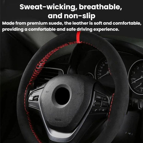 Suede Hand-Stitched Steering Wheel Cover With Center Alignment Marker Universal Car Steering Wheel Protector