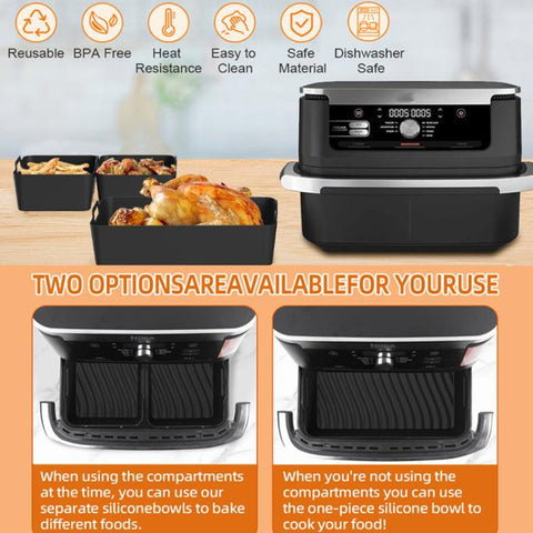 Silicone Air Fryer Liners for Ninja Foodi Dual AF500 / DZ071 Reusable Rectangular Baking Tray with Handles, Integrated Model, 2-in-1 Model