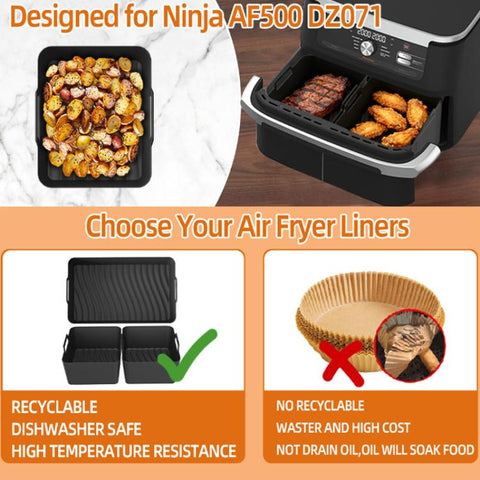 Silicone Air Fryer Liners for Ninja Foodi Dual AF500 / DZ071 Reusable Rectangular Baking Tray with Handles, Integrated Model, 2-in-1 Model