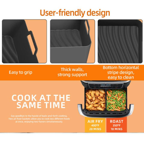 Silicone Air Fryer Liners for Ninja Foodi Dual AF500 / DZ071 Reusable Rectangular Baking Tray with Handles, Integrated Model, 2-in-1 Model