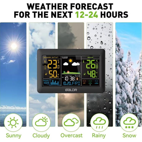 BALDR Wireless Weather Station Color Display Weather Forecaster, Barometric Pressure, Moon Phase, 12/24H, EU Plug, US Plug