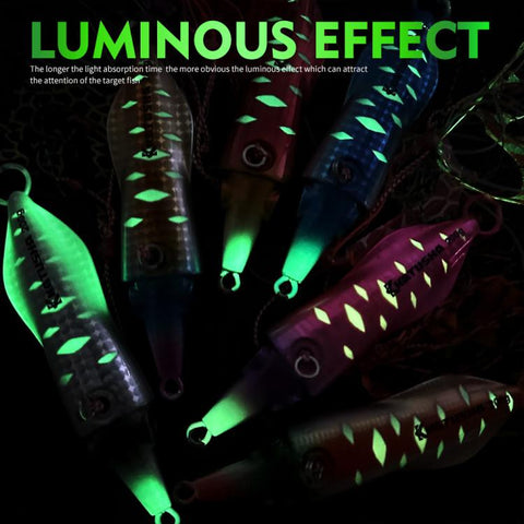 PROBEROS Luminous Squid Jigging Lures Vertical Saltwater Jigs with Silicone Skirt Laser Coating Metal Sinking Fishing Lures, 40G, 60G, 80G, 100G, 120G, 150G, 200G