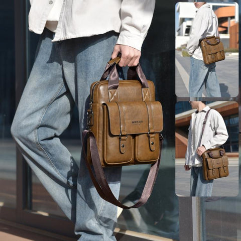WEIXIER Mens Messenger Bag Vintage PU Leather Briefcase for Business & Travel Crossbody Handbag with Multi-Pockets