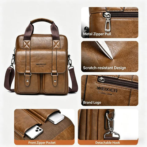 WEIXIER Mens Messenger Bag Vintage PU Leather Briefcase for Business & Travel Crossbody Handbag with Multi-Pockets