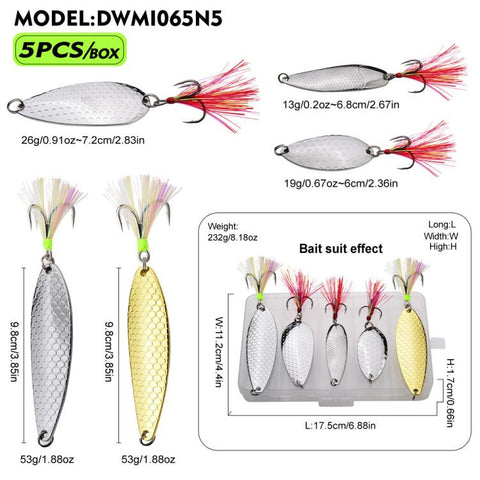 PROBEROS 5Pcs Fishing Spoons Lures Kit Metal Hard Bait Set with Sharp Blood Groove Hook & Colorful Feathers