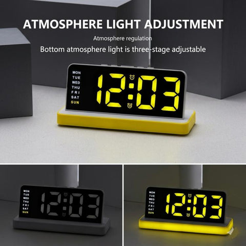 Large Display LED Digital Alarm Clock Mirror Desktop Clock with Atmosphere Night Light, Adjustable Brightness