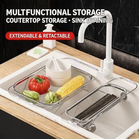 Expandable Over The Sink Colander Strainer 304 Stainless Steel Fine Mesh Drain Basket With Adjustable Arms And Standing Feet, Small, Medium, Large, Extra Large
