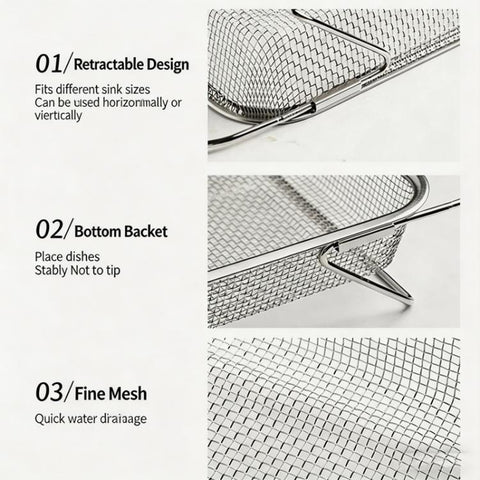 Expandable Over The Sink Colander Strainer 304 Stainless Steel Fine Mesh Drain Basket With Adjustable Arms And Standing Feet, Small, Medium, Large, Extra Large