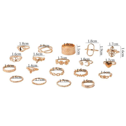 19pcs /Set Vintage Heart Flower Chain Ring Set
