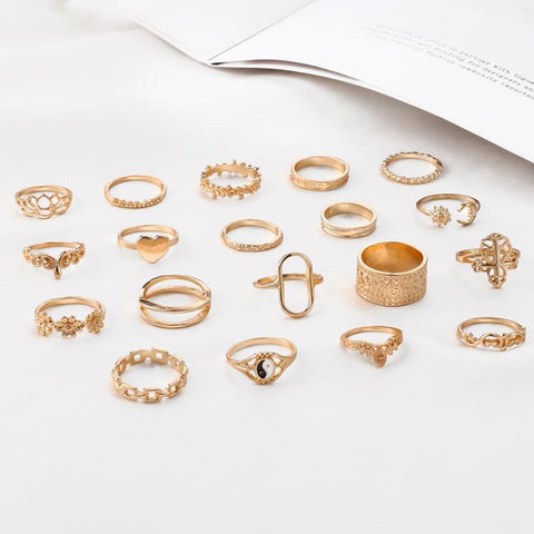 19pcs /Set Vintage Heart Flower Chain Ring Set