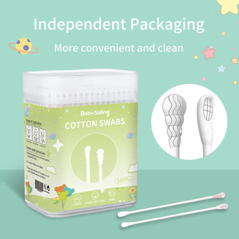 Baby Sailing 200 Count Baby Cotton Swabs with Ultra-Fine 3mm Tips Dual-Ended Multi-Purpose Paper Stick Swabs, Scoop & Spiral Tips