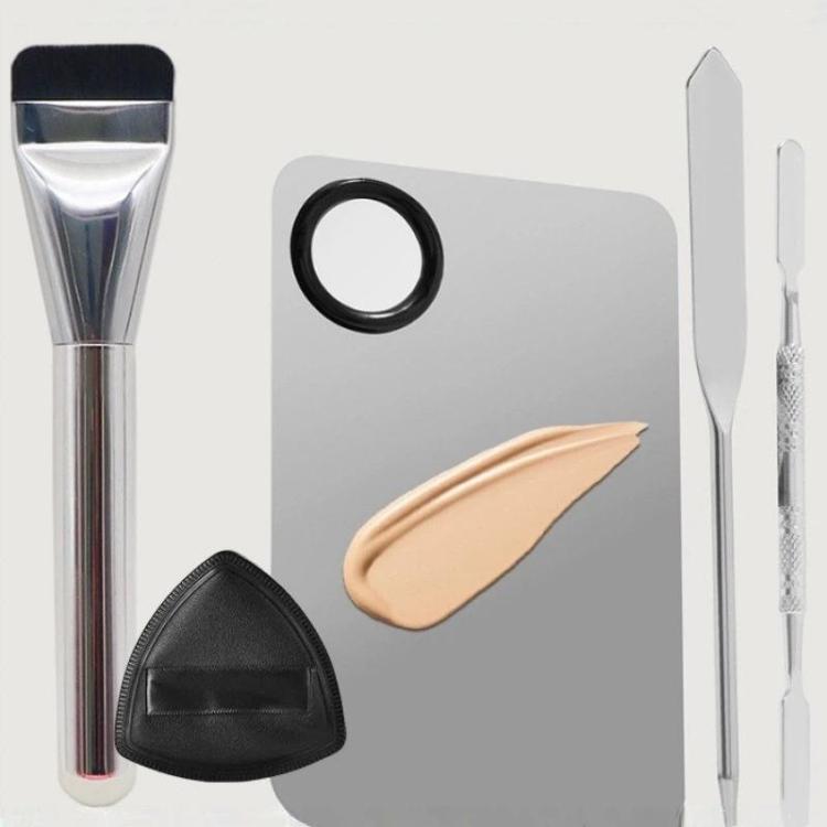 5 In 1 Makeup Foundation Spatula Set with Mixing Palette, Flat Top Foundation Brush and Powder Puffs Cosmetic Mixing Tool