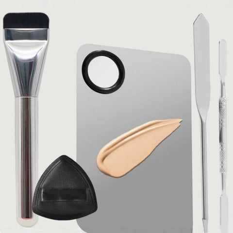 5 In 1 Makeup Foundation Spatula Set with Mixing Palette, Flat Top Foundation Brush and Powder Puffs Cosmetic Mixing Tool