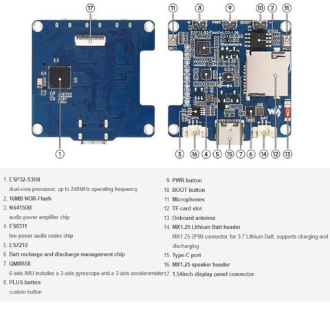 Waveshare 33868 ESP32-S3 1.54 Inch LCD Display Development Board 262K Color, Supports Dual Microphones, 2.4GHz Wi-Fi And BLE 5, 33868