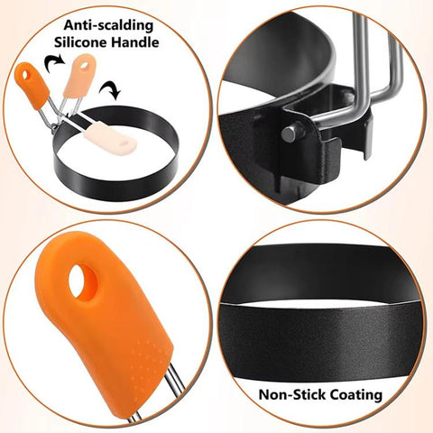 LsCook 4 inch Round Stainless Steel Egg Pan Heat-Resistant Silicone Handle Thickened Non-Stick Egg Mold
