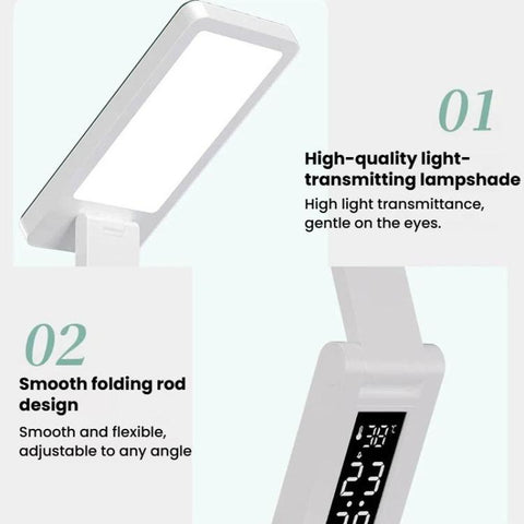Xiajule Rechargeable Smart Digital Display Clock Folding Desk Lamp, Eye-Caring Study Bedside Reading Light
