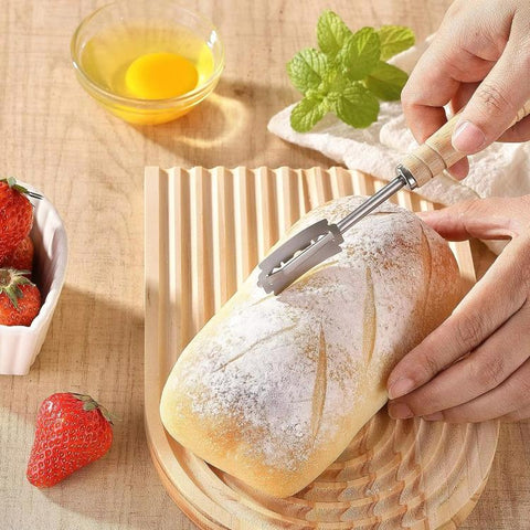LsCook 7-Piece Set 304 Stainless Steel Bread Trimming Knife Dough Dividing Knife Wooden Handle Curved Bread Knife