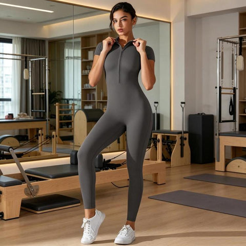 Zippered High-stretch Short-sleeved Bodysuit For Fitness Yoga, S, M, L, XL