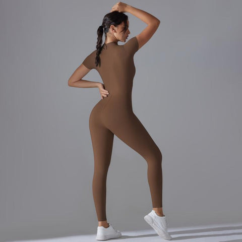 Zippered High-stretch Short-sleeved Bodysuit For Fitness Yoga, S, M, L, XL