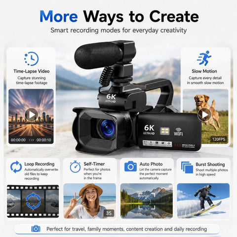 64MP 6K 18X Digital Zoom Camcorder Video Camera With 4-Inch Touch Screen, Microphone & LED Light, 32G, 64G, 128G, 256G
