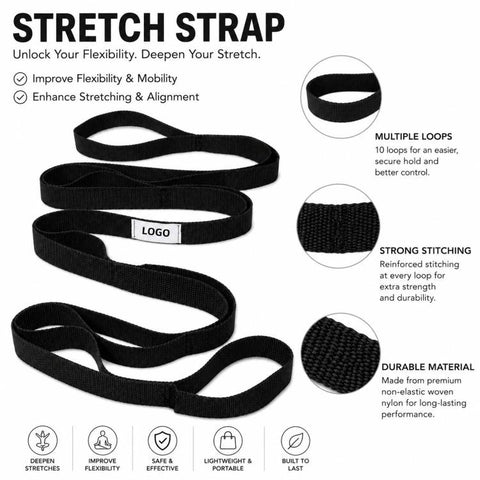 74.8-inch 10-Loop Yoga Stretch Strap Non-Elastic Stretching Strap for Physical Therapy, Hamstring Stretching, Pilates