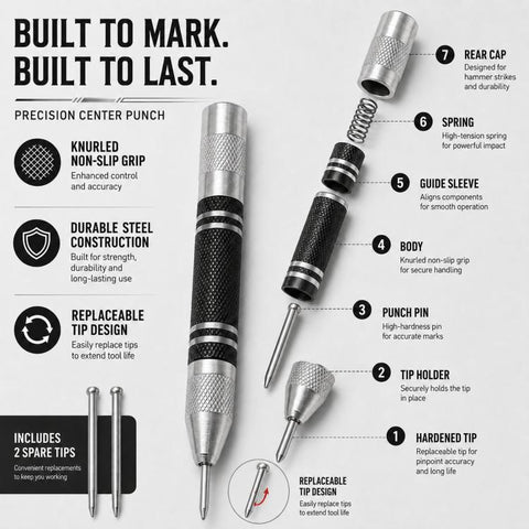5-Inch Automatic Center Punch Spring Loaded Center Punch Tool Metal/Wood Scriber and Window Glass Breaker Emergency Escape Tool, with 2 Spare Tips