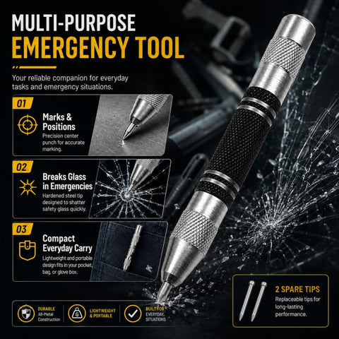 5-Inch Automatic Center Punch Spring Loaded Center Punch Tool Metal/Wood Scriber and Window Glass Breaker Emergency Escape Tool, with 2 Spare Tips