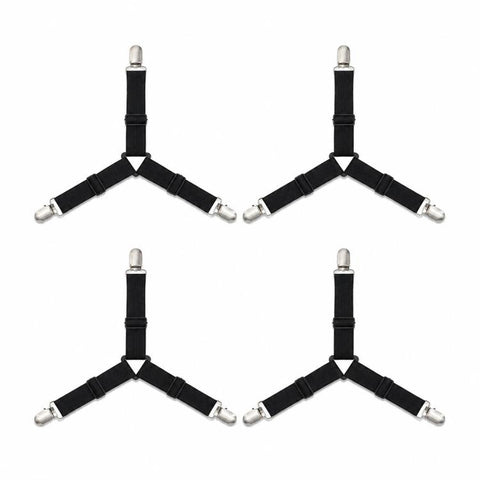 4pcs /Pack Bed Sheet Fasteners 3-Way Triangle Sheet Straps Adjustable Elastic Mattress Sheet Holder Straps with Metal Clips & Fabric Protectors