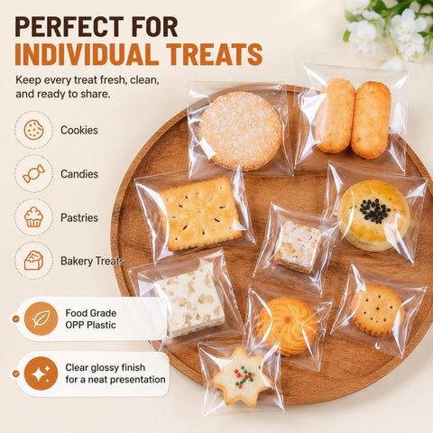 100pcs /Pack Clear Cellophane Bags Self Sealing Cello Bags 2.75 Mil Food Grade OPP Plastic Cookie Bags for Bakery, 4.7x5.9+1.2inch Flap