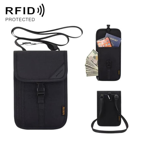 RFID-Protected Card Holder Ticket Coin Organizer Neck-Strap Passport & ID Pouch