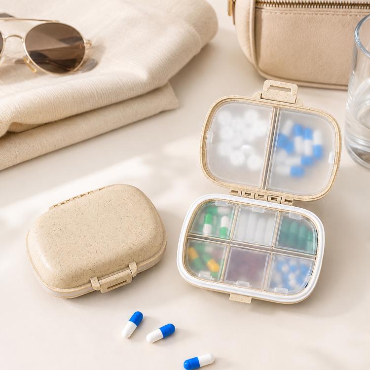 Travel Pill Organizer 8 Compartments Wheat Straw Pill Box for Purse Portable Pocket Medicine Case with Moisture-Proof Lids