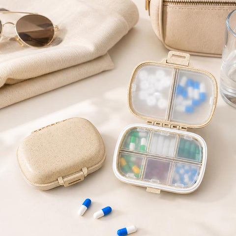 Travel Pill Organizer 8 Compartments Wheat Straw Pill Box for Purse Portable Pocket Medicine Case with Moisture-Proof Lids