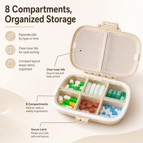 Travel Pill Organizer 8 Compartments Wheat Straw Pill Box for Purse Portable Pocket Medicine Case with Moisture-Proof Lids