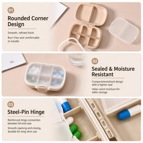 Travel Pill Organizer 8 Compartments Wheat Straw Pill Box for Purse Portable Pocket Medicine Case with Moisture-Proof Lids