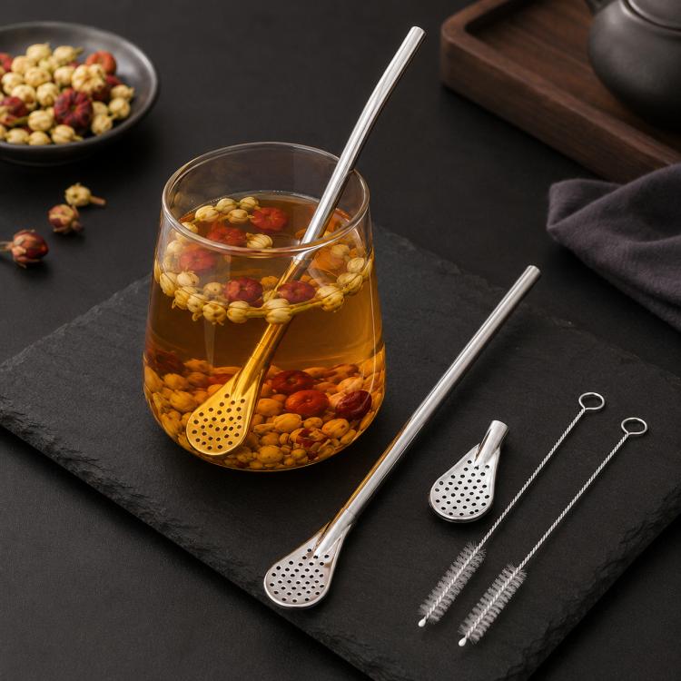 2pcs /Pack Detachable Yerba Mate Straw Spoon Reusable 304 Food-Grade Stainless Steel Loose Leaf Tea Straw Filter with 2 Cleaning Brushes