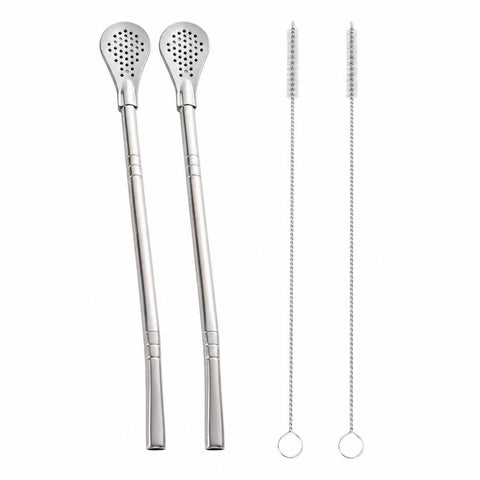 2pcs /Pack Detachable Yerba Mate Straw Spoon Reusable 304 Food-Grade Stainless Steel Loose Leaf Tea Straw Filter with 2 Cleaning Brushes