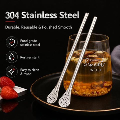 2pcs /Pack Detachable Yerba Mate Straw Spoon Reusable 304 Food-Grade Stainless Steel Loose Leaf Tea Straw Filter with 2 Cleaning Brushes