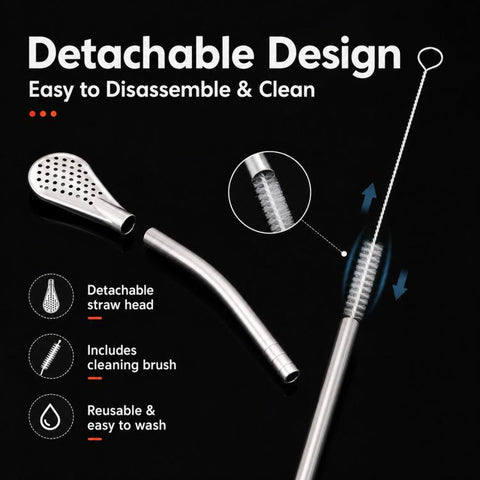 2pcs /Pack Detachable Yerba Mate Straw Spoon Reusable 304 Food-Grade Stainless Steel Loose Leaf Tea Straw Filter with 2 Cleaning Brushes