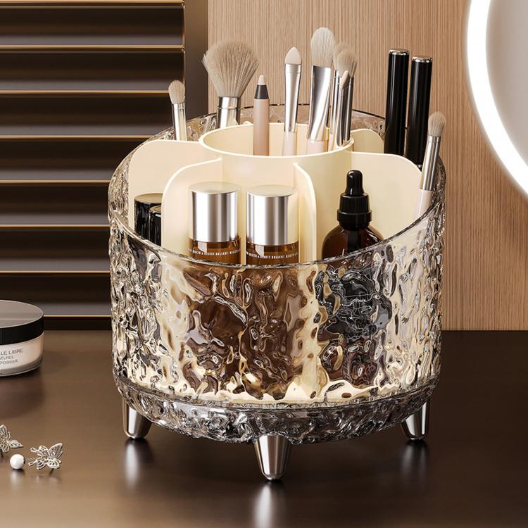 360-degree Rotating Makeup Organizer with 7 Compartments Glacial Texture Spinning Cosmetic Storage Vanity Organizer Clear Brush Holder