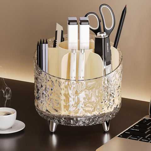 360-degree Rotating Makeup Organizer with 7 Compartments Glacial Texture Spinning Cosmetic Storage Vanity Organizer Clear Brush Holder