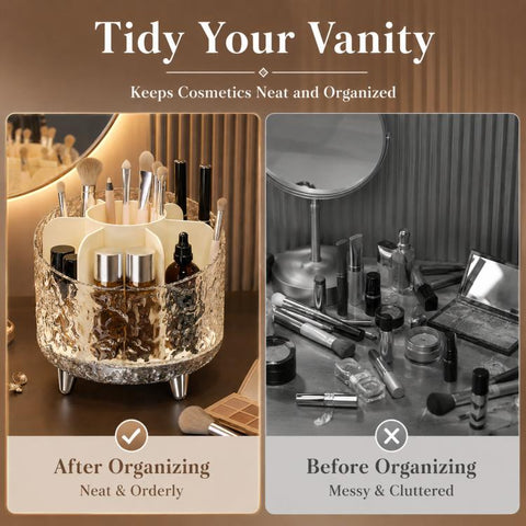 360-degree Rotating Makeup Organizer with 7 Compartments Glacial Texture Spinning Cosmetic Storage Vanity Organizer Clear Brush Holder