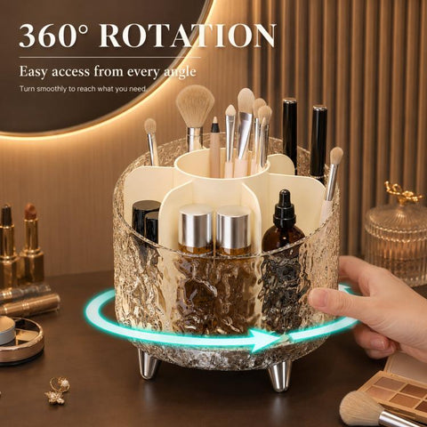 360-degree Rotating Makeup Organizer with 7 Compartments Glacial Texture Spinning Cosmetic Storage Vanity Organizer Clear Brush Holder