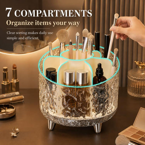 360-degree Rotating Makeup Organizer with 7 Compartments Glacial Texture Spinning Cosmetic Storage Vanity Organizer Clear Brush Holder