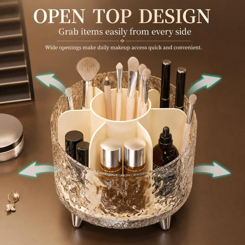 360-degree Rotating Makeup Organizer with 7 Compartments Glacial Texture Spinning Cosmetic Storage Vanity Organizer Clear Brush Holder
