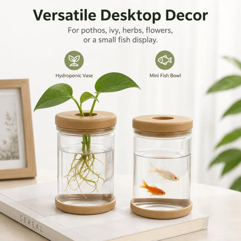 PET Plastic Hydroponic Planter Clear Self-Watering Plant Pot with Soft Silicone Plug & Non-Slip Base, Shatterproof Desktop Vase and Mini Fish Bowl for Pothos, Ivy, Herbs